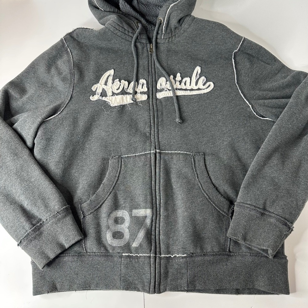 Aeropostale Full Zip Hoodie‎ Charcoal Gray Sherpa Lined Distressed Y2K Mens XL - Picture 7 of 16